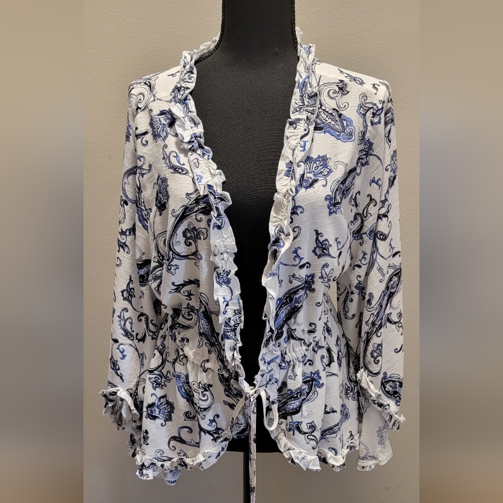 Cato Floral Ruffled Jacket in Blue and White